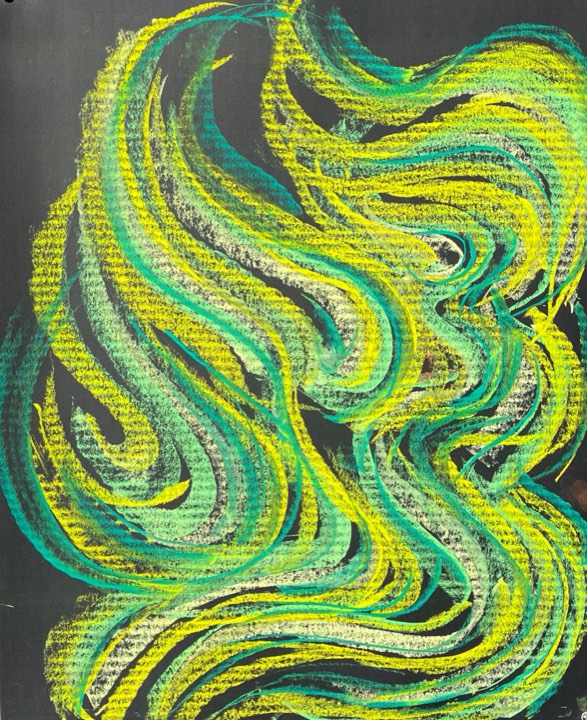 Flowing waves of yellow, green and turquoise filling a dark background.