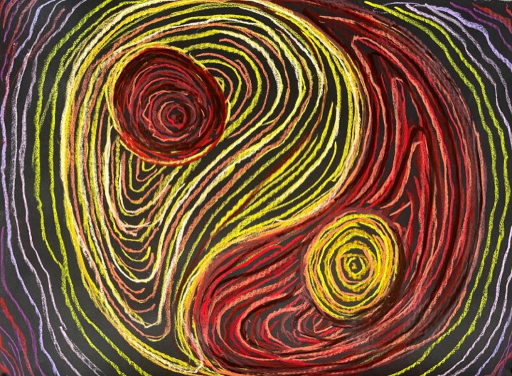 A yin and yang form drawn in concentric yellow, red and orange lines on black.